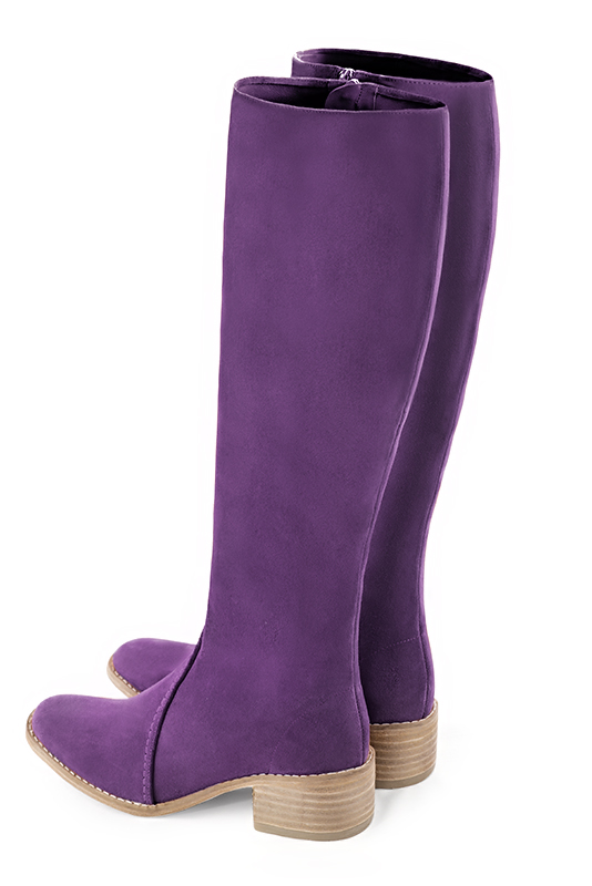 Amethyst purple women's riding knee-high boots. Round toe. Low leather soles. Made to measure. Rear view - Florence KOOIJMAN